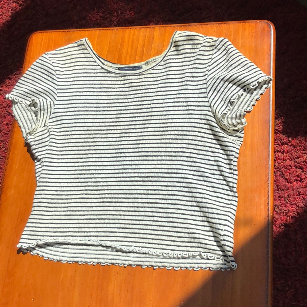 American Eagle Striped Ruffle Cropped Shirt